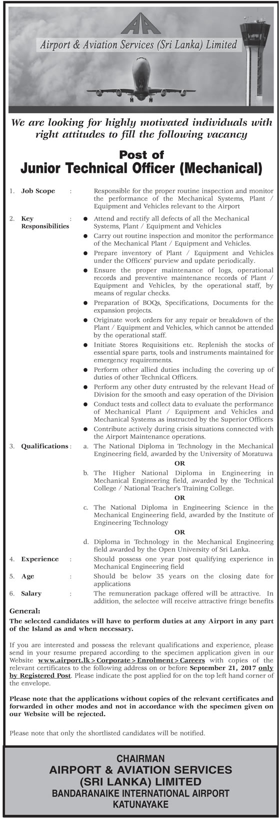 Junior Technical Officer (Mechanical) - Airport & Aviation Services (Sri Lanka) Ltd